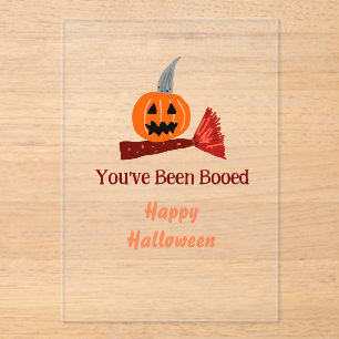 Invitaciones Acrílicas Te han abucheado feliz Halloween escoba de calabaz