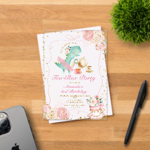 Invitaciones Acrílicas Tea-Rex Tutu Fiesta Dinosaurio Chica Pink 3er cump