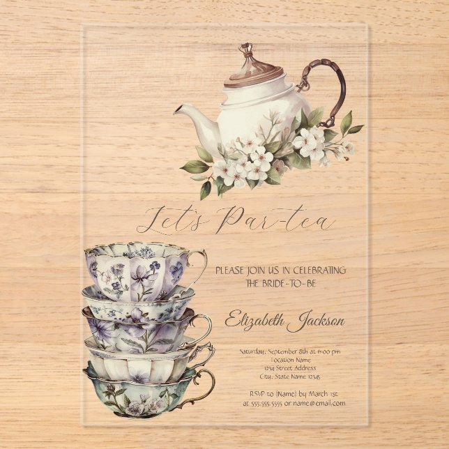 Invitaciones Acrílicas Tea Set Cup Tetera Flores Doradas Ducha de Novias (Anverso)