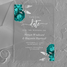 Invitaciones Acrílicas Teal azul plata floral boda guardar la fecha