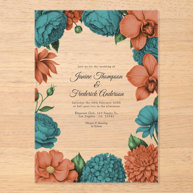 Invitaciones Acrílicas Teal & Coral Modern Botanical Wedding (Anverso)