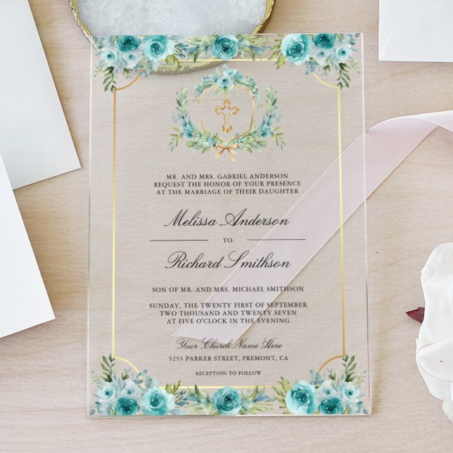 Invitaciones Acrílicas Teal Floral Gold Catholic Cross Wedding (Subido por el creador)