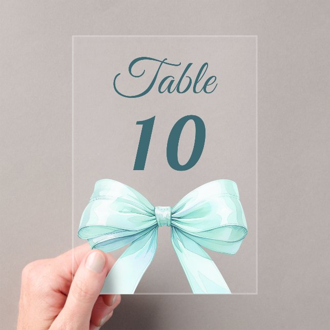Invitaciones Acrílicas Teal green bow acrylic table number sign (Insitu (portátil))