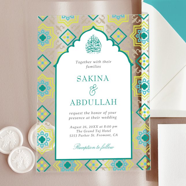 Invitaciones Acrílicas Teal Green Persian Mosaic Muslim Wedding (Subido por el creador)