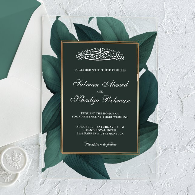 Invitaciones Acrílicas Teal Leaves Gold Border Islamic Muslim Wedding (Subido por el creador)