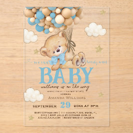 Invitaciones Acrílicas Teddy Bear Blue Balloons Baby Shower