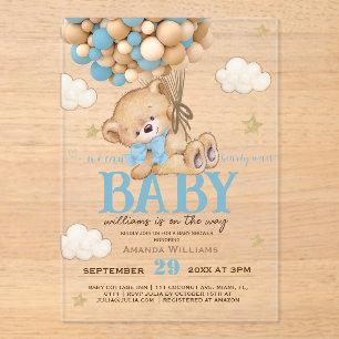 Invitaciones Acrílicas Teddy Bear Blue Balloons Baby Shower