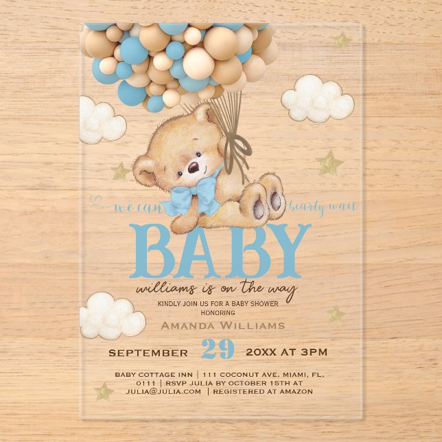Invitaciones Acrílicas Teddy Bear Blue Balloons Baby Shower (Anverso)