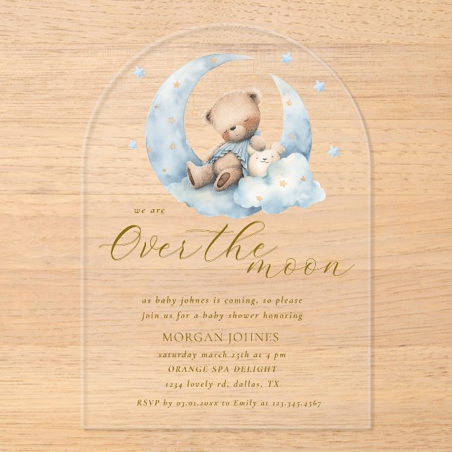 Invitaciones Acrílicas Teddy Bear Moon Over the Moon Baby Shower (Anverso)