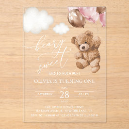 Invitaciones Acrílicas Teddy Bear, Pink Balloons, First Birthday