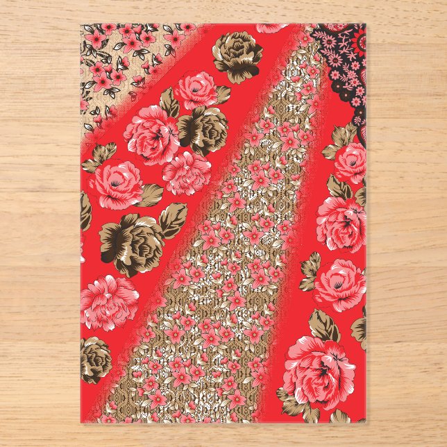 Invitaciones Acrílicas Tejidos rojos vibrantes con intrincados florales y (Anverso)