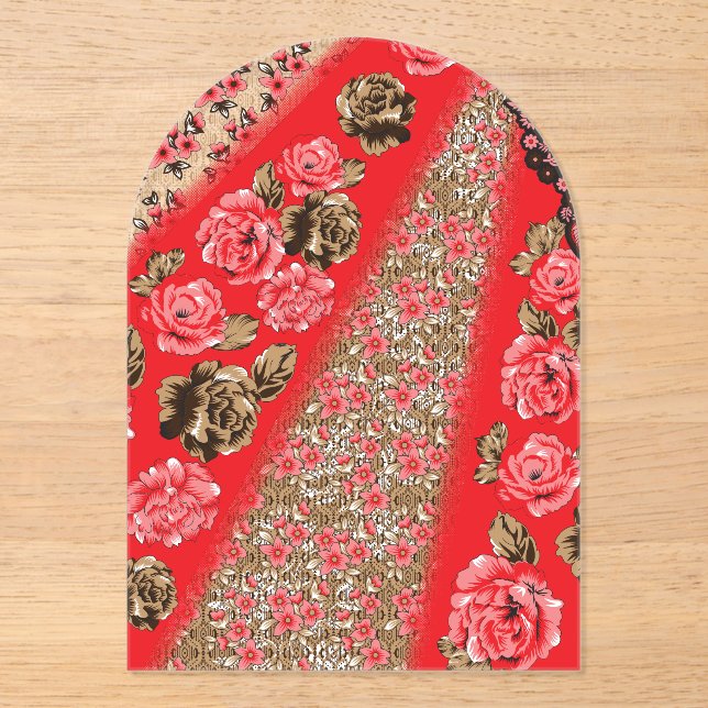 Invitaciones Acrílicas Tejidos rojos vibrantes con intrincados florales y (Anverso)