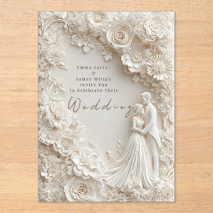 Invitaciones Acrílicas 🤍 Tema de Boda con Borde Floral Marfil para Novia
