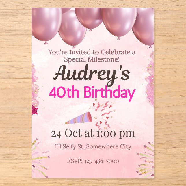 Invitaciones Acrílicas Tema de cumpleaños 40 en rosa (Anverso)