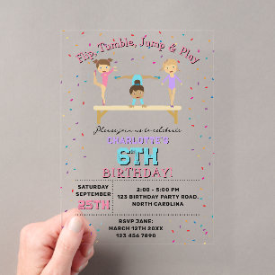 Invitaciones Acrílicas Tema de Cumpleaños de Niña con Gimnasia Claro