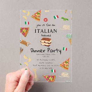 Invitaciones Acrílicas Tema de fiesta de cena de pizza y pasta de comida