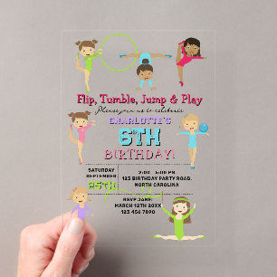 Invitaciones Acrílicas Tema de fiesta de cumpleaños de niñas de gimnasia