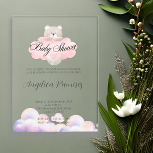 Invitaciones Acrílicas Tema de oso de baby shower español en nube Registr