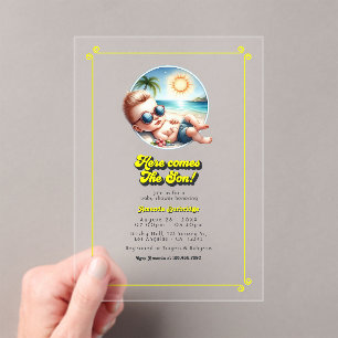 Invitaciones Acrílicas Tema de Playa Retro "Viene el Hijo" Shower de Bebé