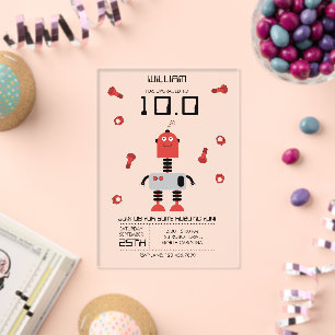 Invitaciones Acrílicas Tema de Robot Rojo Lindo para Fiesta de Cumpleaños