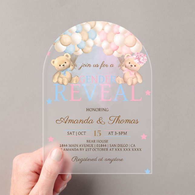Invitaciones Acrílicas Tema del oso revelador de género (Insitu (portátil))