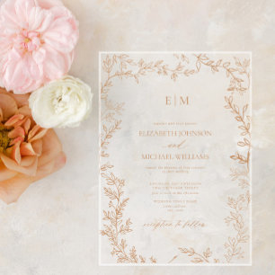 Invitaciones Acrílicas Terracota de hoja mínima Elegante Boda de monogram