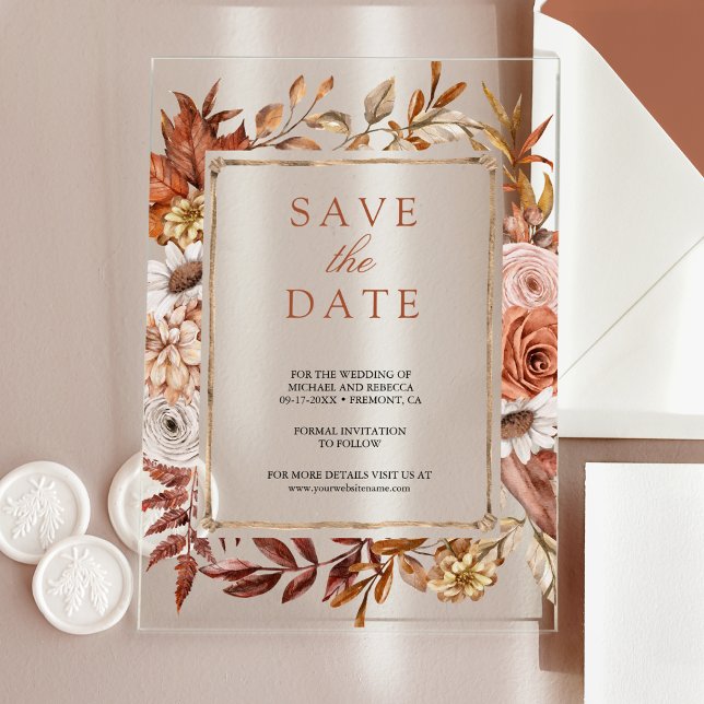 Invitaciones Acrílicas Terracotta Boda Floral Guardar la fecha (Subido por el creador)
