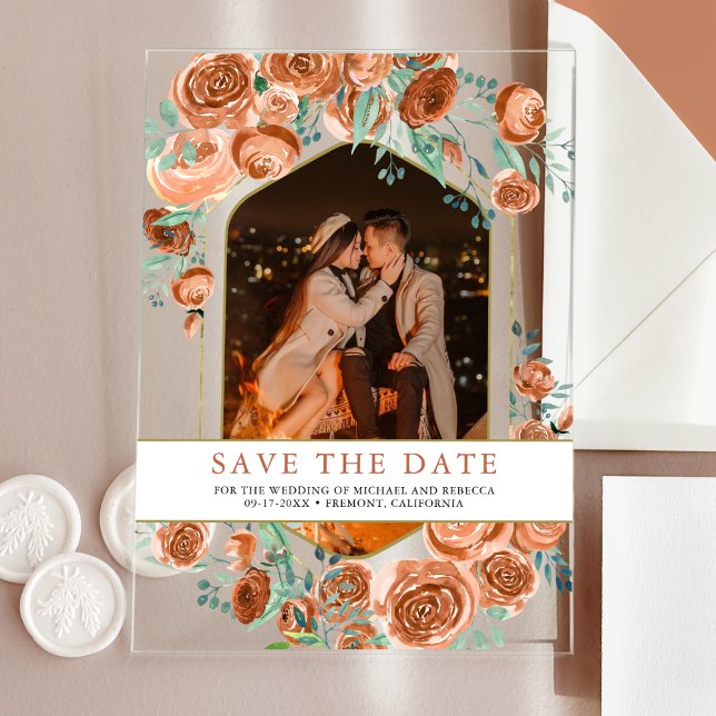 Invitaciones Acrílicas Terracotta Boda Floral Guardar la fecha (Subido por el creador)