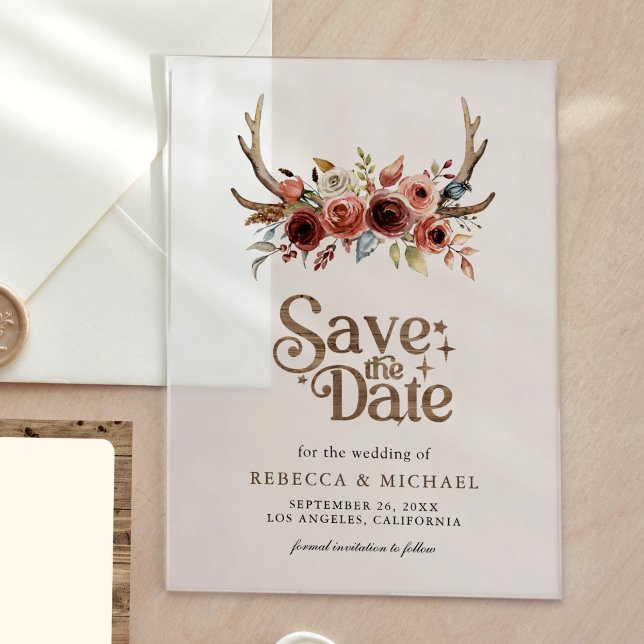 Invitaciones Acrílicas Terracotta Floral Antlers Wedding Save the Date (Subido por el creador)