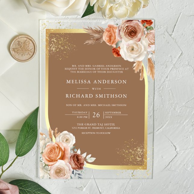 Invitaciones Acrílicas Terracotta Floral Beige Gold Wedding (Subido por el creador)