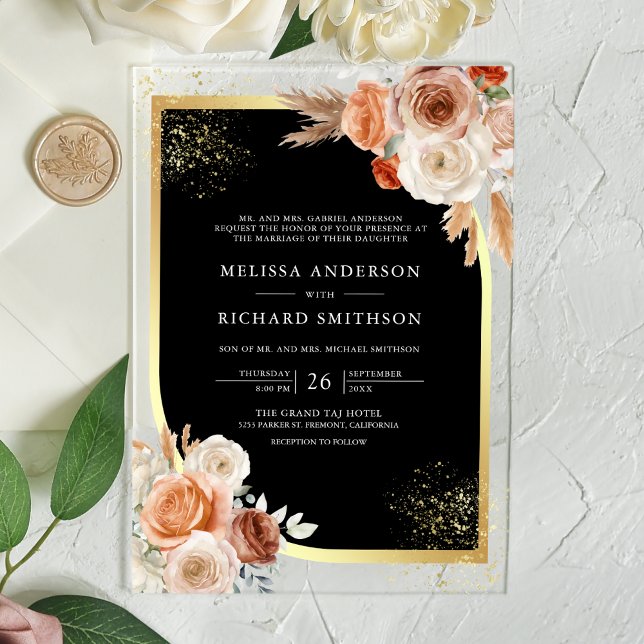 Invitaciones Acrílicas Terracotta Floral Black Gold Wedding (Subido por el creador)