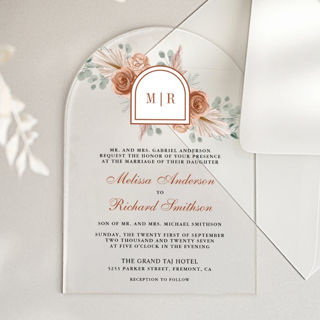 Invitaciones Acrílicas Terracotta Floral Boho Pampas Burnt Orange Wedding (Subido por el creador)