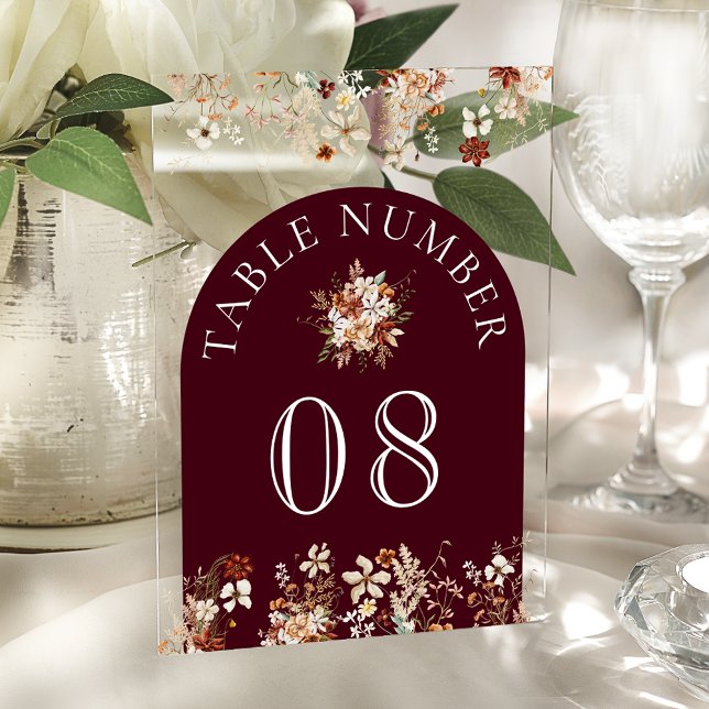 Invitaciones Acrílicas Terracotta Floral Burgundy Acrylic Table Number (Subido por el creador)