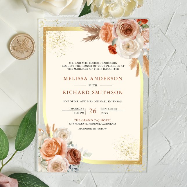 Invitaciones Acrílicas Terracotta Floral Cream Gold Wedding (Subido por el creador)