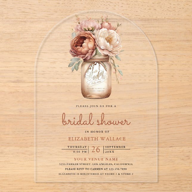 Invitaciones Acrílicas Terracotta Floral Mason Jar Bridal Shower (Anverso)