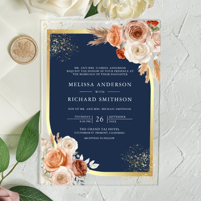 Invitaciones Acrílicas Terracotta Floral Navy Blue Gold Wedding (Subido por el creador)