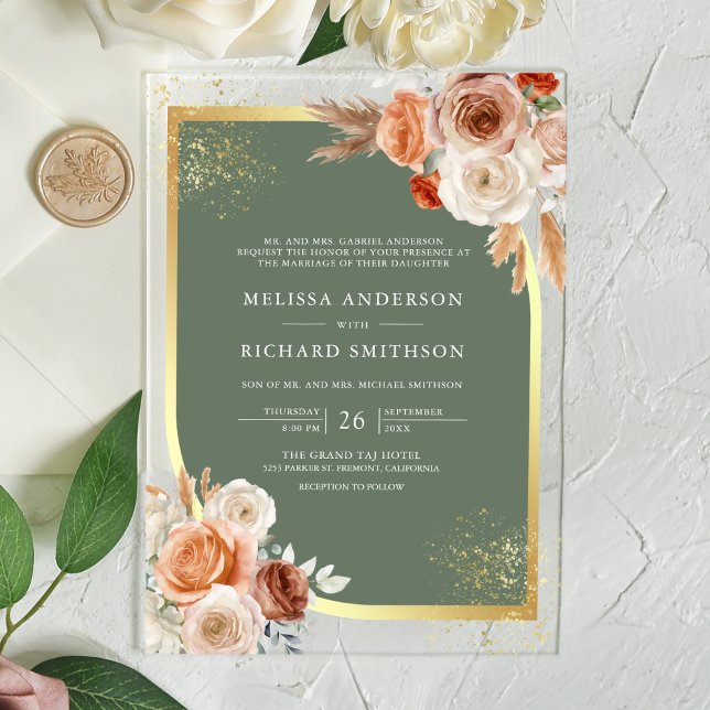 Invitaciones Acrílicas Terracotta Floral Sage Green Gold Wedding (Subido por el creador)