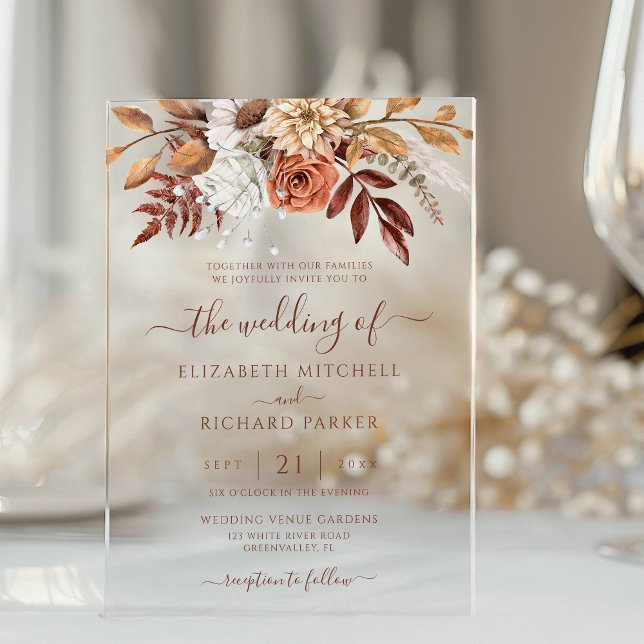 Invitaciones Acrílicas Terracotta Flores de óxido Boho Fall Boda (Subido por el creador)