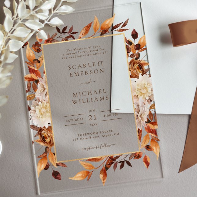 Invitaciones Acrílicas Terracotta Flores de óxido Boho Fall Boda (Terracotta Rust Flowers Boho Fall Foliage Wedding Acrylic Invitations by Painted Paperie
)