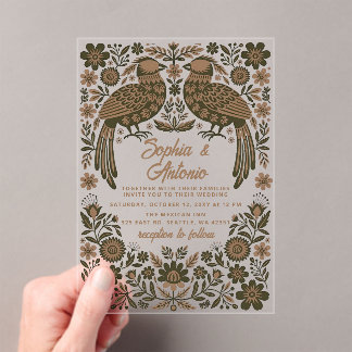 Invitaciones Acrílicas Terracotta Mexican Birds Otomi Floral Wedding