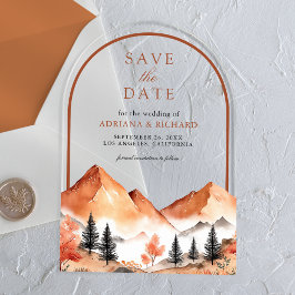 Invitaciones Acrílicas Terracotta Mountain Arch Boda Guardar la Fecha