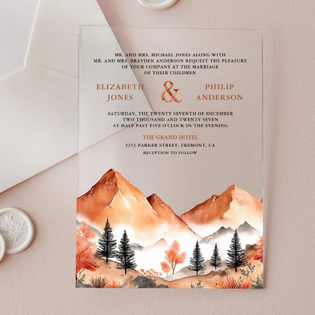 Invitaciones Acrílicas Terracotta Mountain Forest Wedding (Subido por el creador)