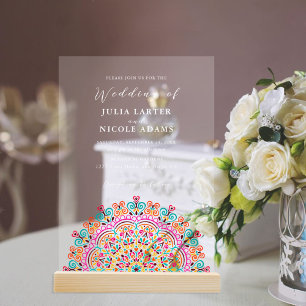 Invitaciones Acrílicas Terreno Retro Mexicano Florescente Mandala Boda