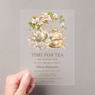 Invitaciones Acrílicas Tetera Floral Hora del Té para el Baby Shower