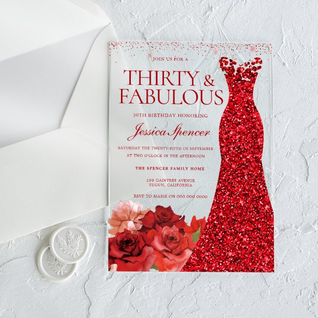 Invitaciones Acrílicas Thirty & Fabulous! Red Dress 30th Birthday Party (Subido por el creador)