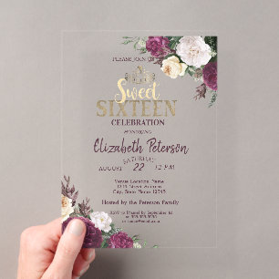 Invitaciones Acrílicas Tiara, Confeti Floral Burgundy Fiesta Sweet 16