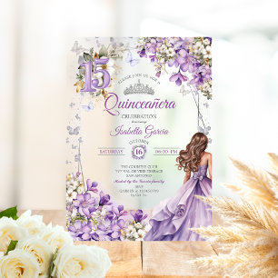 Invitaciones Acrílicas Tiara de lavanda con mariposas florales Quinceañer