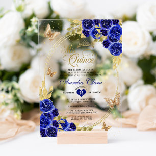 Invitaciones Acrílicas Tiara de mariposa de oro azul floral Mis Quinceañe