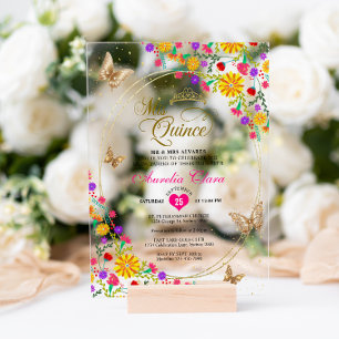 Invitaciones Acrílicas Tiara de mariposa de oro negro floral Mis Quinceañ