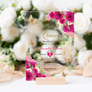 Invitaciones Acrílicas Tiara de mariposa de oro rosa floral Mis Quinceañe